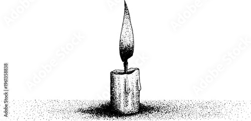 Stippled birthday candle with wax drips flame flicker black and white illustration for banner and design