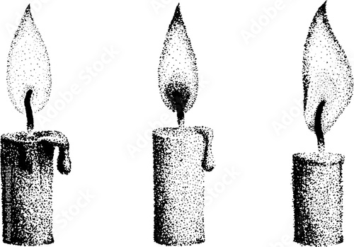 Trio of stippled candles with dripping wax and flickering flames black and white set for greeting card or pattern design