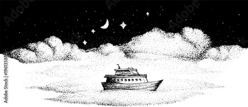 Small boat floating among stars and clouds in black and white stippling for surreal banner background and dreamy nautical poster