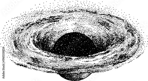 Black hole accretion disk swirl gravity stippled science illustration in black and white for poster and background design