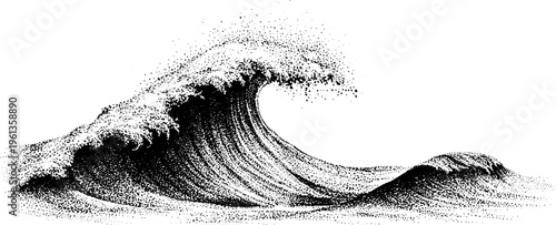 Stippled ocean wave illustration in black and white showing a dynamic crest and spray for background or poster design