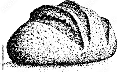 Stippled artisan bread loaf with crust scoring top view for bakery packaging background and food product design