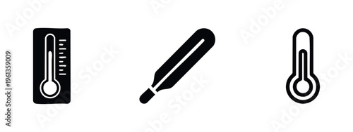 Thermometer icons set. Temperature, heat, and medical health symbols. Vector illustration of measuring devices.