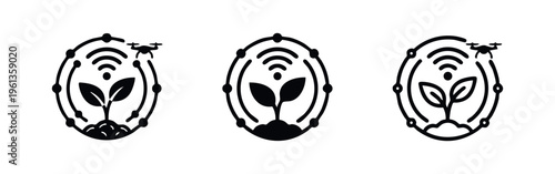 Smart Farming Technology Icons Set - Precision Agriculture with Drone and IoT for Sustainable Crop Growth and Monitoring