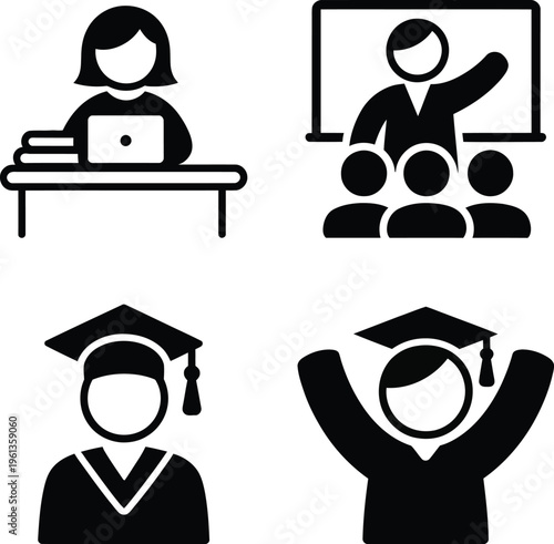 Four stages of academic and professional achievement illustrated through icons