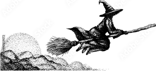 Silhouetted witch on broomstick flying across a moonlit sky for halloween banner and spooky background design