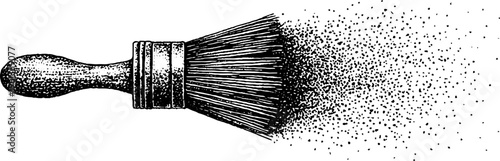 Paintbrush with sweeping bristles releasing stippled dust and particles for texture background and design use