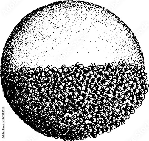 Stippled reflective sphere half covered with floral cluster texture for decorative background and surface pattern design