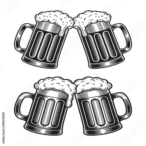 Two pairs of frothy beer mugs clink together in a vintage woodcut style silhouette high-quality