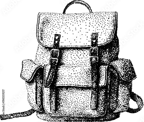 Stippled camera backpack front view with padded interior side pockets and top handle for outdoor travel and gear background in black and white