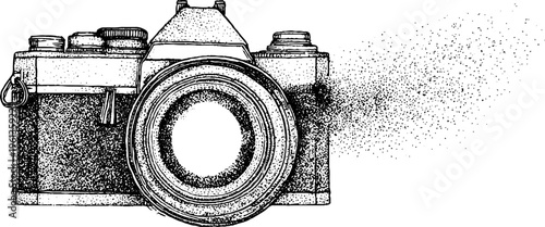 Classic camera lens closeup illustration with circular shutter opening in black and white stipple for poster and background design