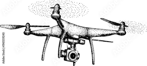 Quadcopter drone front view illustration with rotating propellers in black and white stipple ink for banner and background use