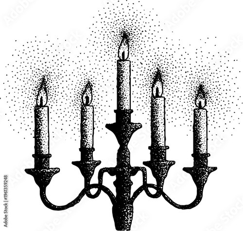 Ornate five candle candelabra black and white gothic interior illustration for poster and background design with stippled flame and dripping wax details