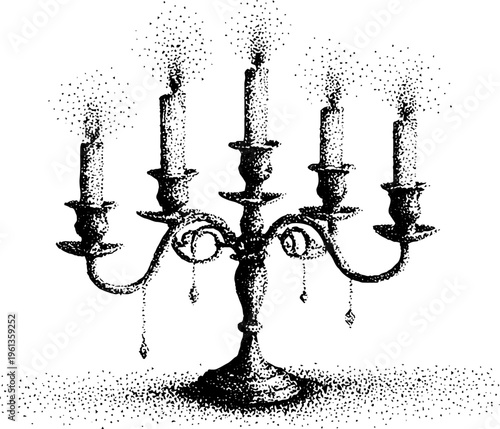 Five arm candelabrum with dangling crystals black and white gothic interior illustration for poster and background design with stippled flames
