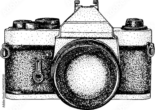 Vintage film camera front view stippled ink illustration in black and white for background poster and retro design use