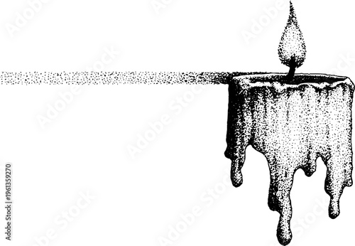 Single dripping candle detail with melting wax black and white gothic ritual illustration for poster and background design with stippled wick and fluid drips