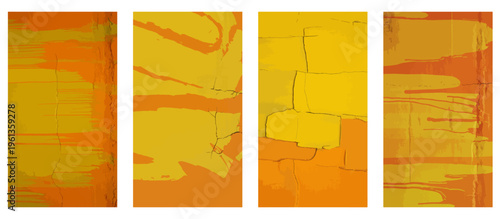 Abstract oil painting textures in warm yellow and orange, set of 4 vertical vector backgrounds, expressive impasto brush strokes for social media stories