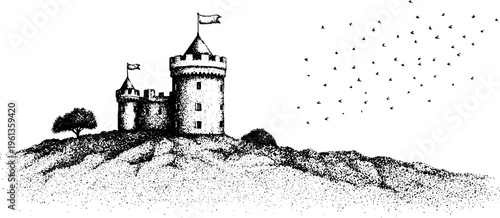 Small castle keep with flags on rocky hill black and white stippling drawing for fantasy background and editorial design