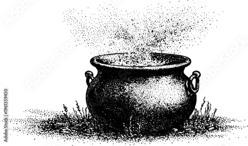 Boiling cauldron with potion steam and smoke in black and white stippling for halloween poster and mystical background
