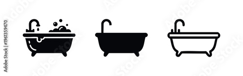 Bathtub Icon Set. Bathroom fixture and bath symbols for hygiene, relaxation, and personal care.