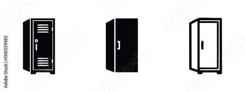 Locker and wardrobe cabinet icons in different black styles, representing storage, school, or changing rooms.