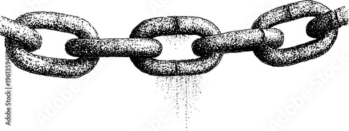 Heavy metal chain links row textured stippling black and white engraving for industrial background and pattern design