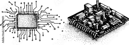 Black and white microchip circuit board stipple drawing with detailed electronic components for background, poster and technical diagram