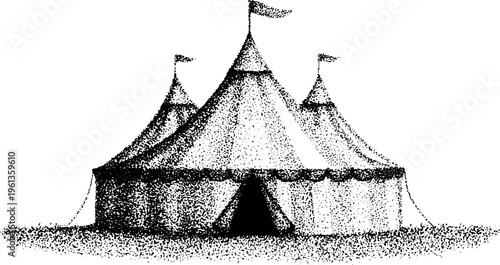Black and white stippled circus tent with striped canopy and flags for poster, background, carnival and event design