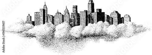 Black and white stippled city skyline floating on clouds with inverted perspective for surreal urban background and poster design