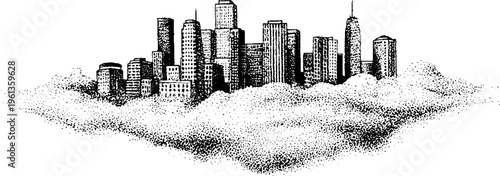 Upside down floating city skyline above clouds black and white stipple illustration for surreal background and poster design