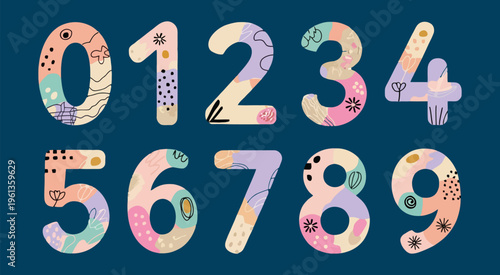 Natural Color Numbers Vector Set with Applique Style Design, Boho Cartoon Doodle Illustrations of Different Numbers for School Education, Kids Learning Materials and Creative Design
