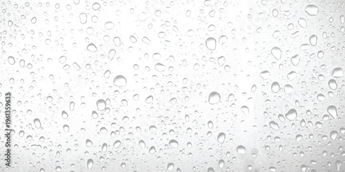A high contrast view of clear water droplets scattered across a smooth light grey glass surface Vector, illustration