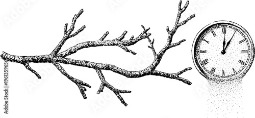 Melting clock dripping over bare tree branch in black and white stippling for surreal nature background and conceptual poster design