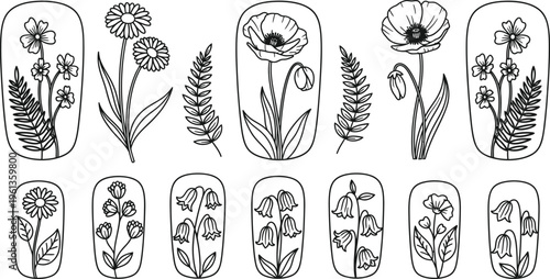 Beautiful floral nails design with black and white flowers and leaves