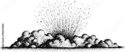 Confetti explosion stippling cloud burst in black and white for abstract background poster and banner design