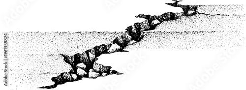 Black and white stippled concrete crack with jagged fissure and rubble for texture background and distressed surface design