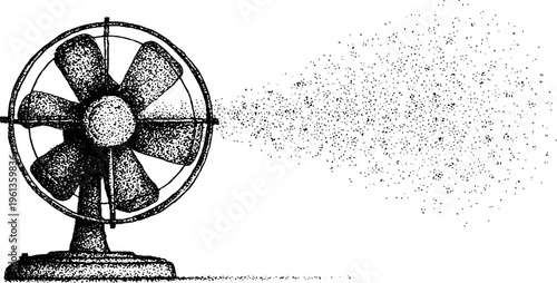 Vintage tabletop fan with spinning blades and stippling dot spray effect in black and white for retro background and design element