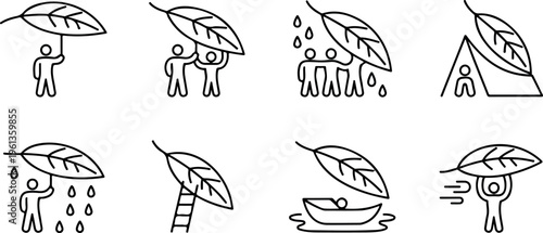 Natural leaf umbrella icon set representing environmental protection sustainability and human nature harmony.