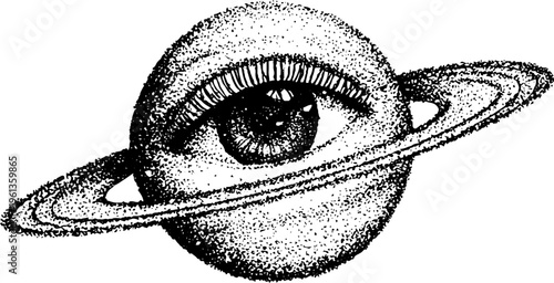 Saturn planet with central eye and rings black and white stipple illustration for poster background and surreal design