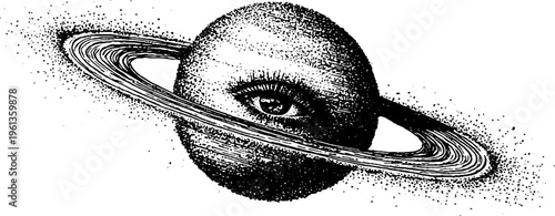 Planetary eye encircled by rings black and white stipple engraving style for banner background and surreal artwork