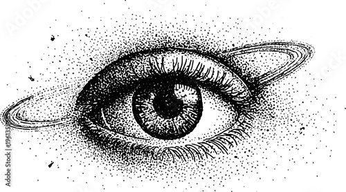 Cosmic eye with saturn rings black and white stipple illustration for surreal design background and tattoo artwork