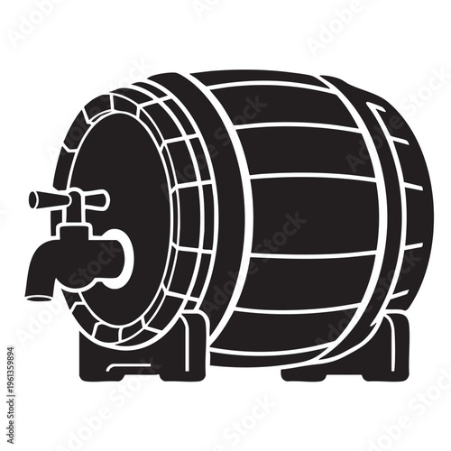 An illustration of a wooden barrel with a tap is shown close-up outdoors.