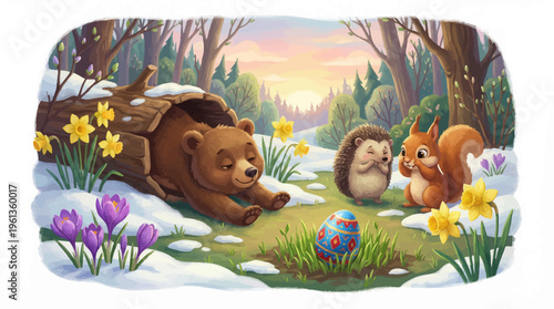 Whimsical forest animals waking up for spring, cute bear emerging from log with squirrel and hedgehog, Easter egg in snowy woodland landscape