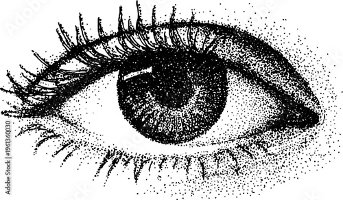 Expressive black and white stippled eye illustration with long lashes for background or poster design and anatomical study