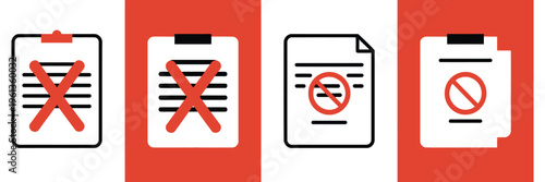 Blocked document symbol, file rejected icon, vector illustration of denied access concept, bold red cross mark over paper sheet, clean flat design, isolated on white background for apps and 