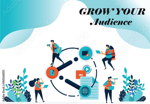 Vector illustration of announcement concept for growing audience with megaphone, social media engagement, follower increase, digital marketing promotion, communication strategy and online community gr
