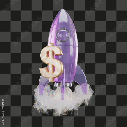 Professional three dimensional render showing a stylized purple rocket launching with a golden dollar sign representing market success