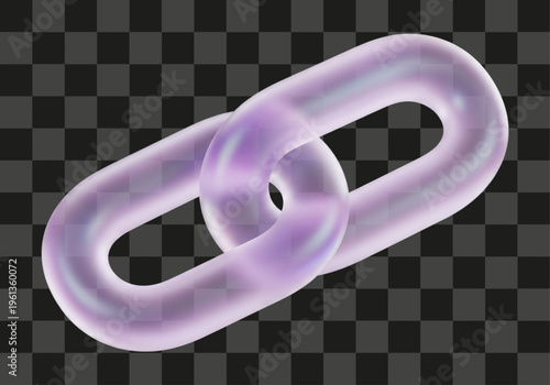 Shimmering translucent 3D render of two interlocked chain links with an iridescent purple sheen