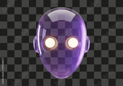 Luminous purple glass robot head with bright white glowing eyes on transparent background