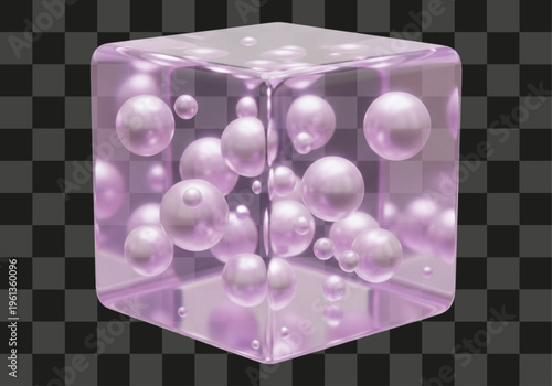 Polished three dimensional render featuring glossy pink spheres suspended within a translucent purple cube